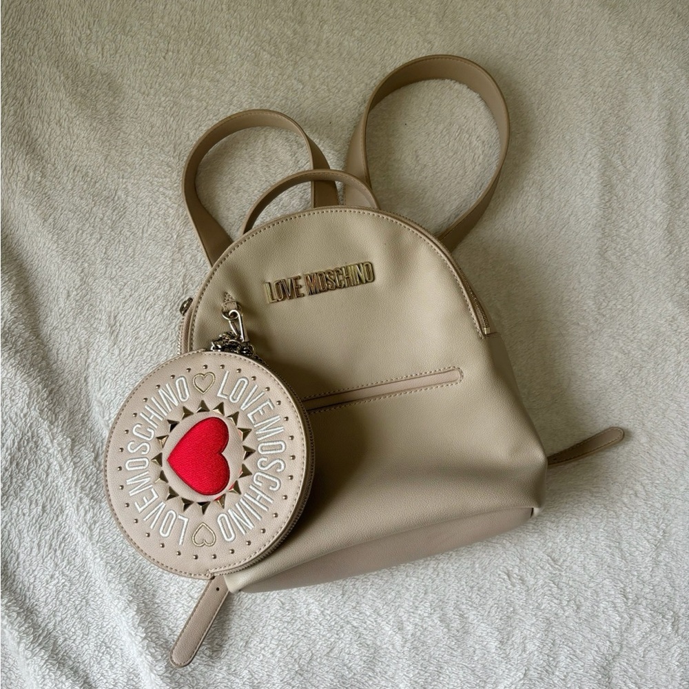 Love Moschino Beige Backpack with Heart Accent